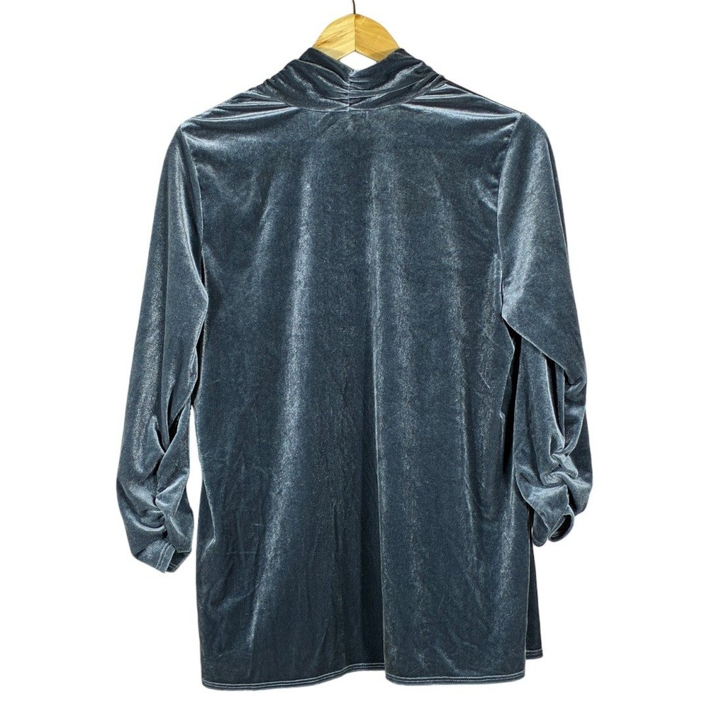 Susan Graver Open Front Velvet Cardigan Steel Blue Ruched Minimalist Size M - Picture 5 of 8